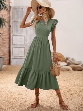 Ruffle-Sleeve Olive Midi Dress - Women